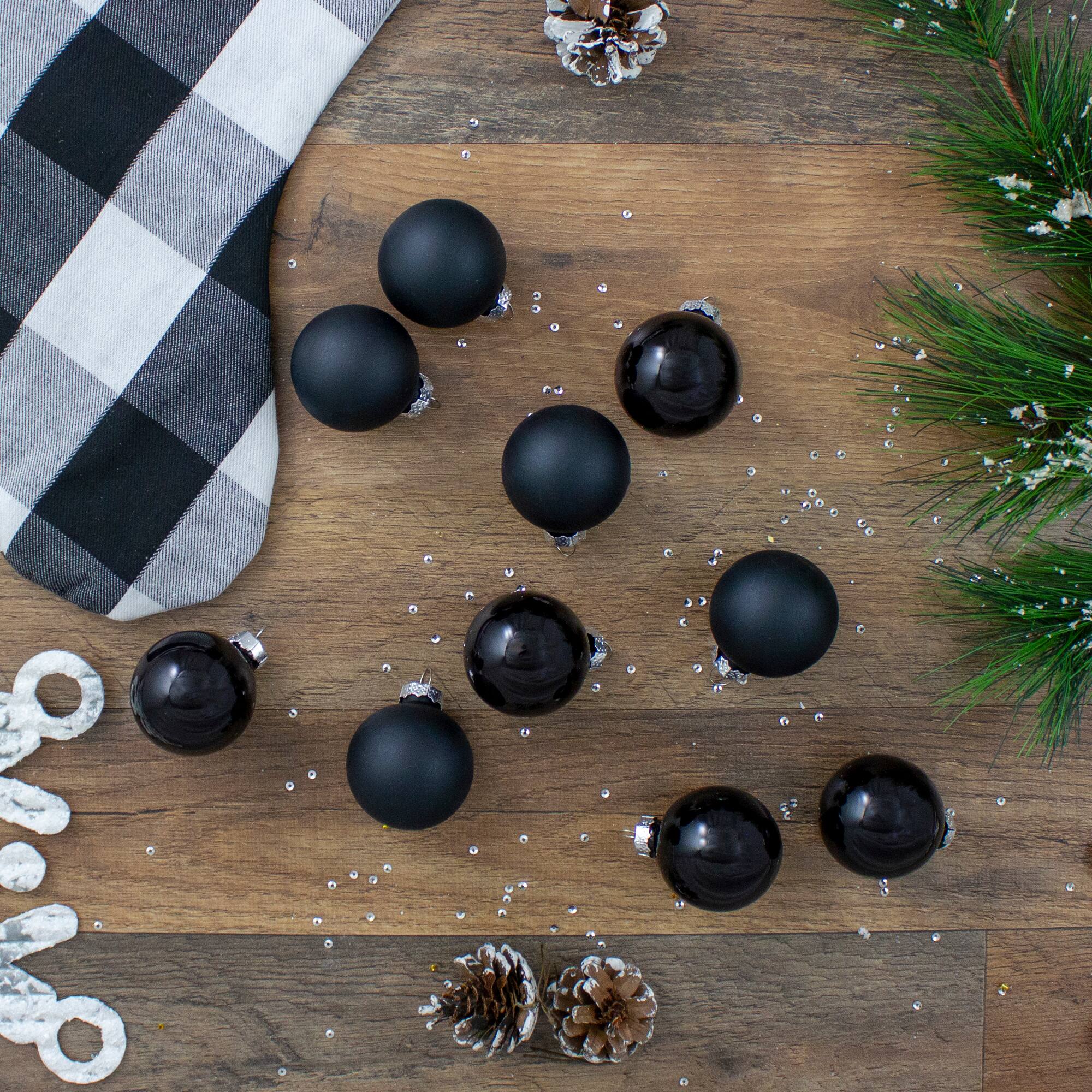 10ct. 1.75" Shiny & Matte Black Glass Ball Ornaments